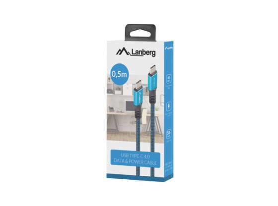 Câble USB-C mâle/mâle USB4, 0,5 m, 100 W, 8K, 30 Hz, noir et bleu, coffret LANBERG