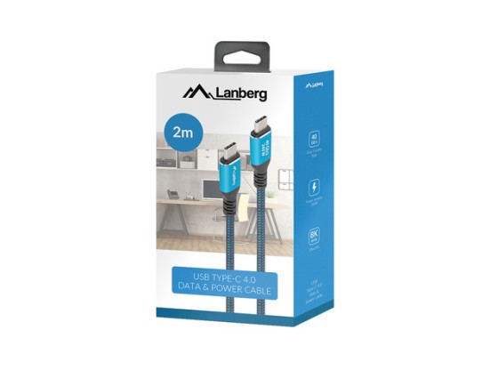 Câble USB-C mâle/mâle USB4, 2 m, 240 W, 8K, 60 Hz, noir et bleu, coffret LANBERG