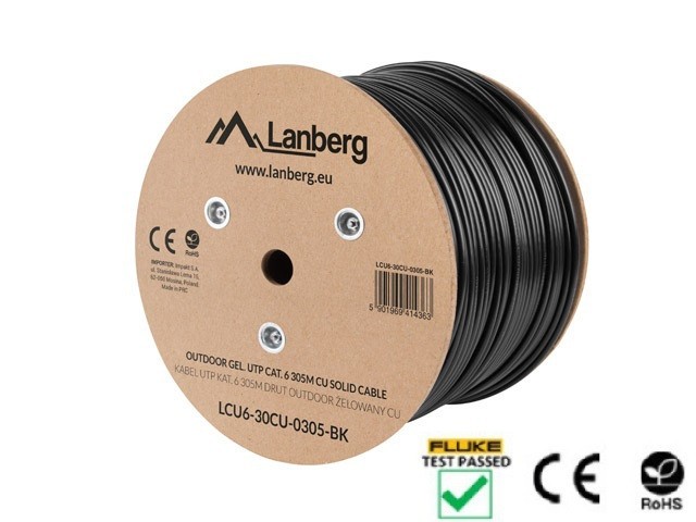 CÂBLE LAN CAT.6 UTP 305M SOLID OUTDOOR GEL-FILLED CU BLACK FLUKE PASSED LANBERG